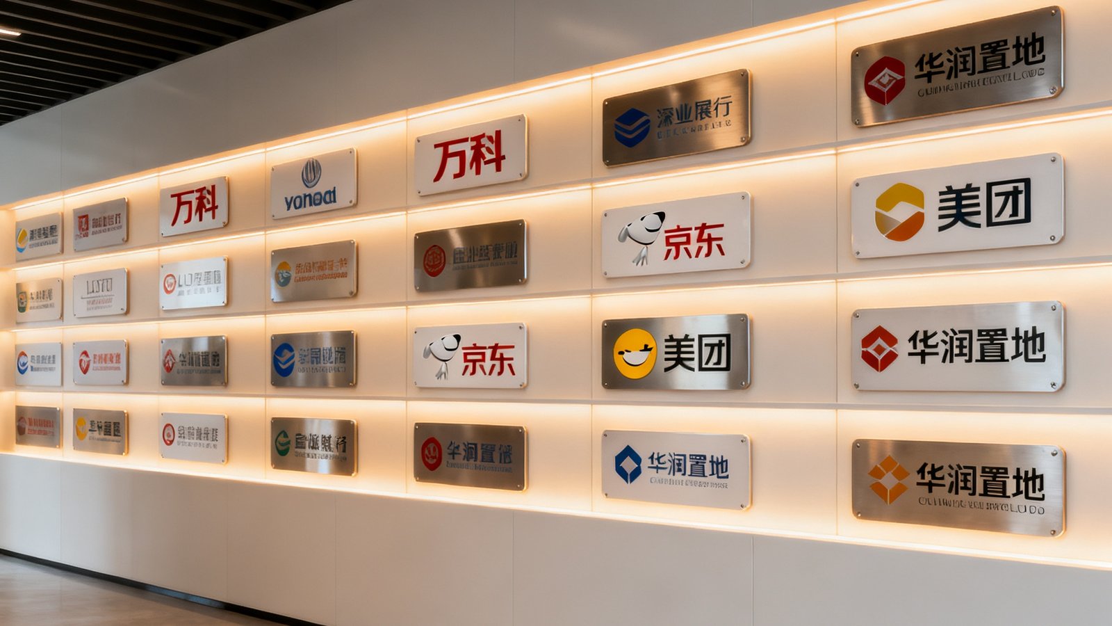 BG视讯深圳总部展厅内的合作伙伴品牌展示墙，墙上整齐排列着万科、京东、美团、华润置地等知名企业的品牌LOGO铭牌，暖色灯光照亮整面展示墙